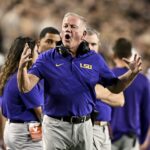 LSU head coach Brian Kelly reacts.