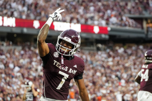 KC Concepcion celebrates for Texas A&M.