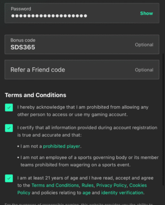 bet365 bonus code SDS365 being added during registration on the app